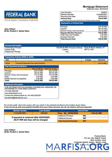 Blank India Federal Bank mortgage statement Word and PDF template